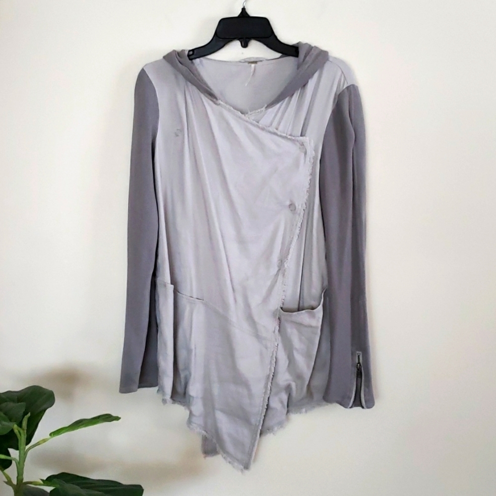 Free People Gray Drippy Linen Asymmetrical Snap Jacket with Hood oversiz…